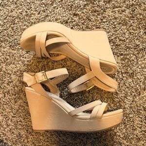 KAYLEEN By Los Angeles Cream Wedge Sandals